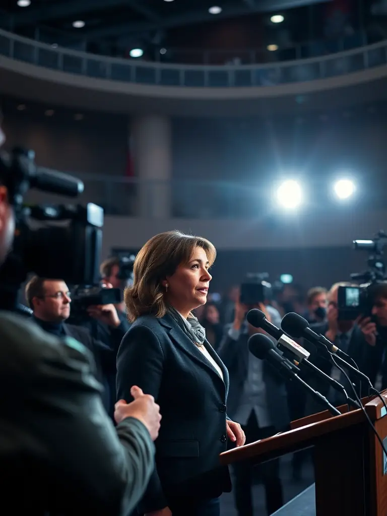 A dynamic photo of a press conference with journalists and influencers actively engaging with a spokesperson, representing Coreline Legacy's media and influencer relations.