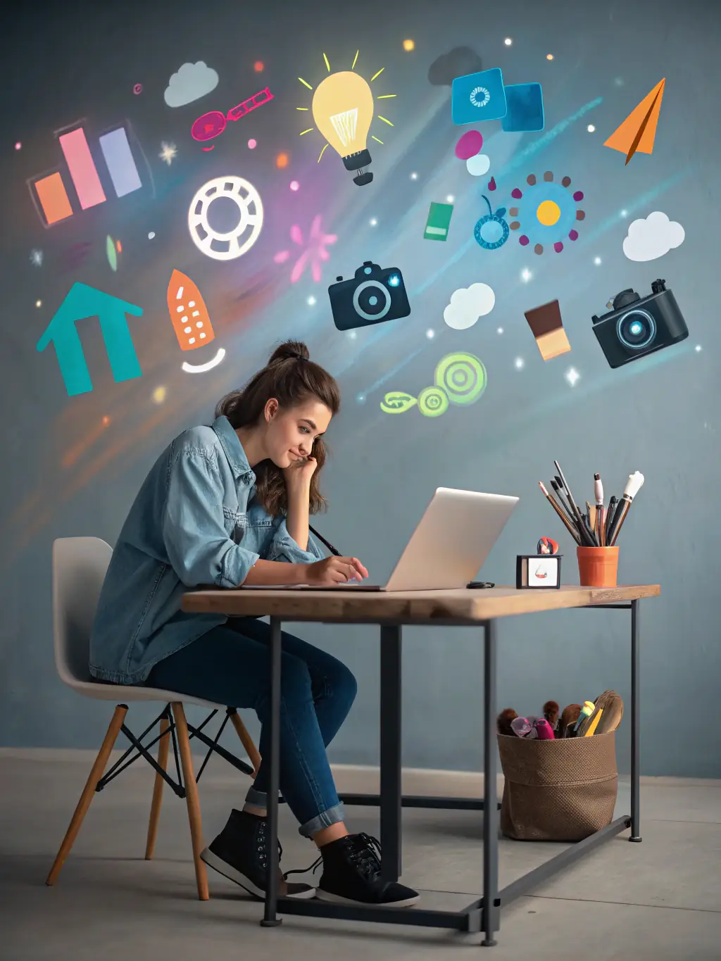 An engaging image of a content creator designing social media posts on a laptop, showcasing Coreline Legacy's content creation and social media PR capabilities.