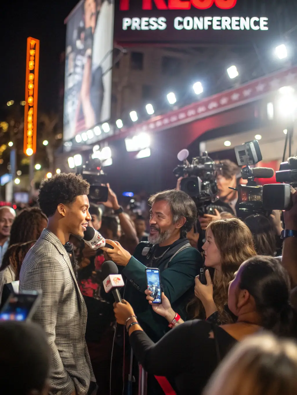 A photo of a press conference with journalists and influencers engaging with a spokesperson, representing media and influencer relations.