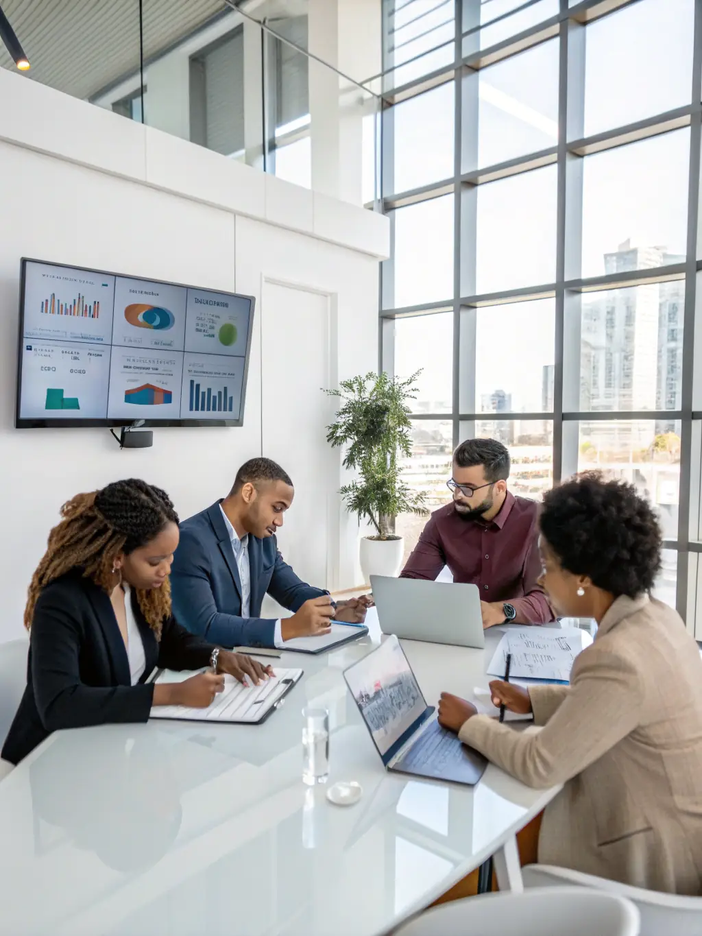 A professional photograph of a team brainstorming around a strategy board with brand icons and charts, symbolizing Coreline Legacy's expertise in brand strategy and positioning.