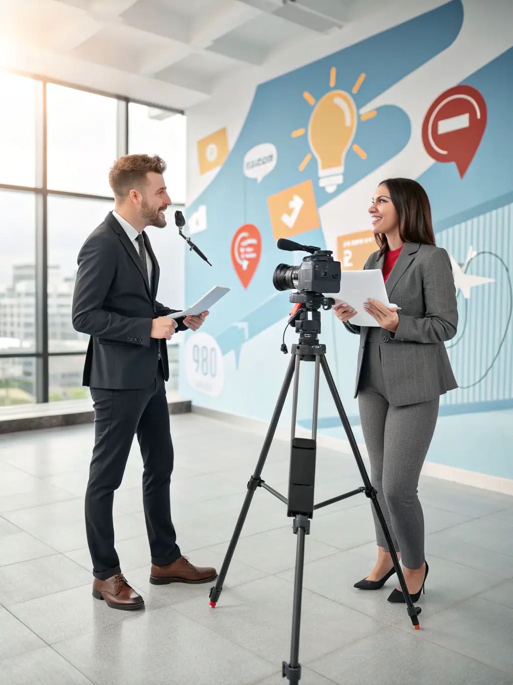 A professional media training session with a spokesperson practicing in front of a camera, showcasing reputation management and media training.